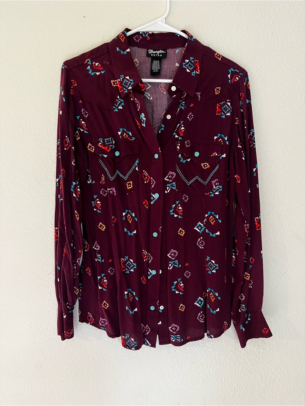 Wrangler Retro Western Southwest Plum Purple Ranchwear Rodeo Snap Shirt Women